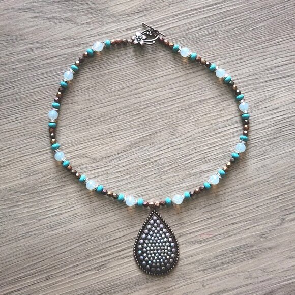 Southwest Beaded Necklace Earrings Set With Vtg Copper Pendant OOAK Handmade 23" - Picture 6 of 11